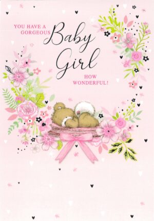 Baby Girl Card Bear In A Basket from Harrisons Direct