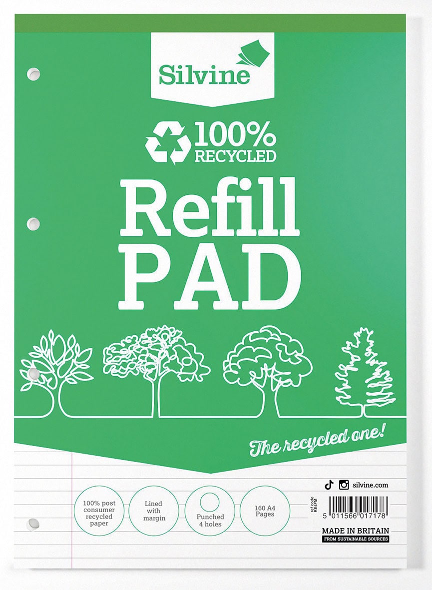 Silvine A4 100% Recycled Refill Pad 160 Pages Lined with Margin from Harrisons Direct