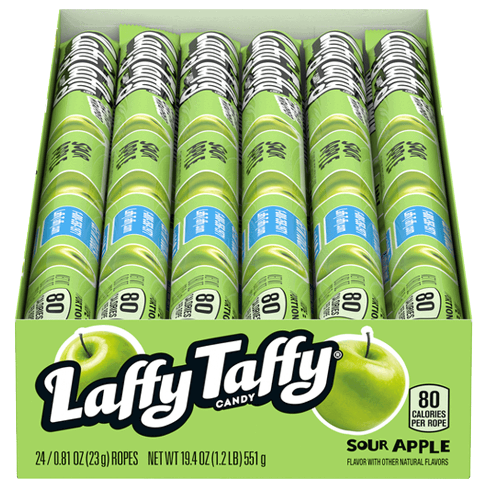A Laffy Taffy box containing individual Laffy Taffy Sour Apple Ropes from Harrisons Direct