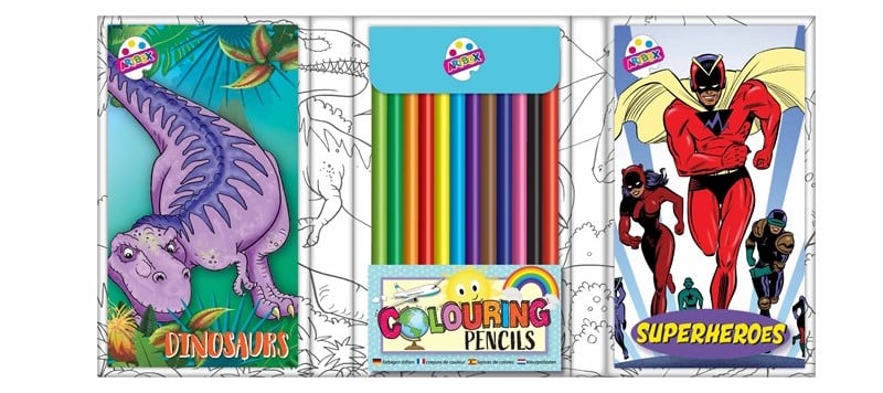 Boys Travelling Colouring Set 2 Designs Dinosaurs & Superheros