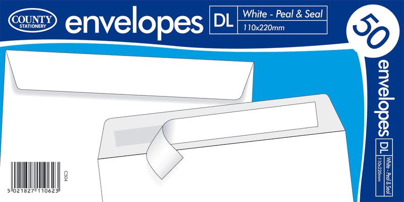 White Peel & Seal Envelopes - DL 110 x 220mm 50's