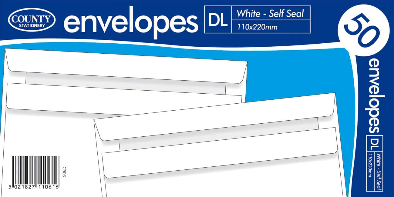 White Self Seal Envelopes - DL 110 x 220mm 50's