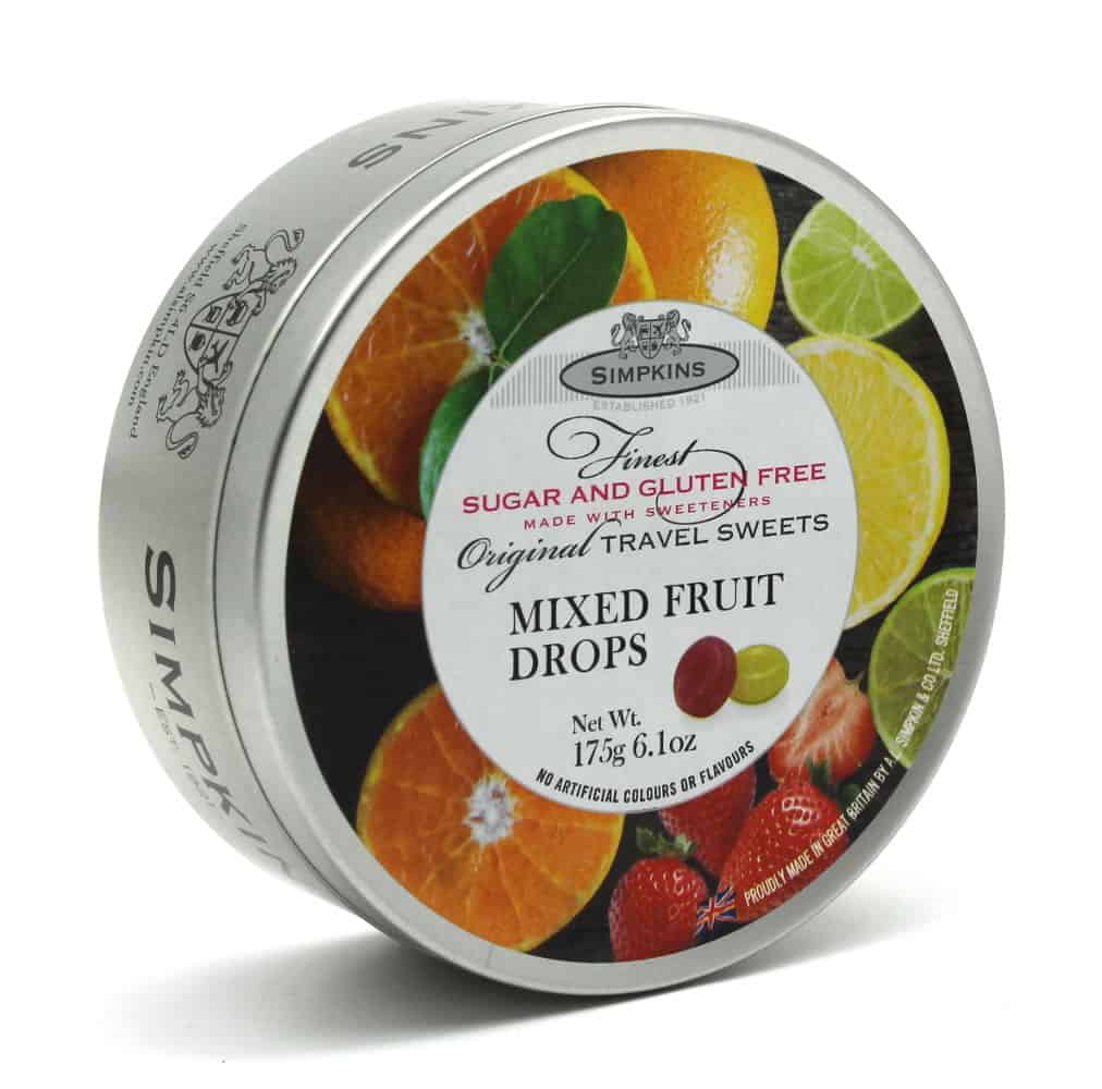 Simpkins Sugar & Gluten Free Mixed Fruit Drops Travel Sweet Tins 150g