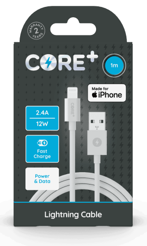 Core+ Lightning to USB-A Cable 1M White TPU 2.4A/12W