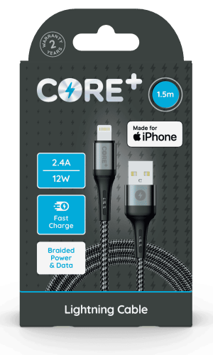 Core+ Lightning to USB-A Braided Cable 1.5M Grey 2.4A/12W