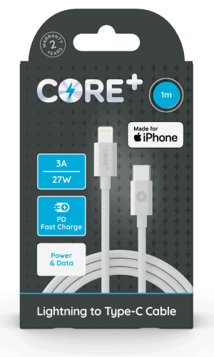 Core+ Lightning to USB-C Cable 1M White TPU 3A/PD 27W