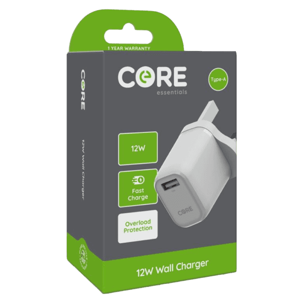 Core Essentials USB-A Wall Charger 2.4A 12W Fast Charge - Harrisons Direct