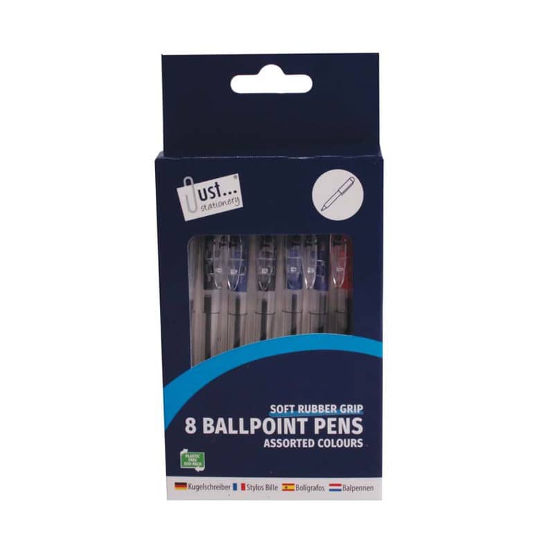 Just Stationery Retractable, Rubber Grip Pens 8 Pack