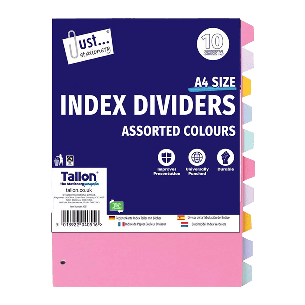 Just Stationery A4 Index Dividers Assorted Colours from Harrisons Direct