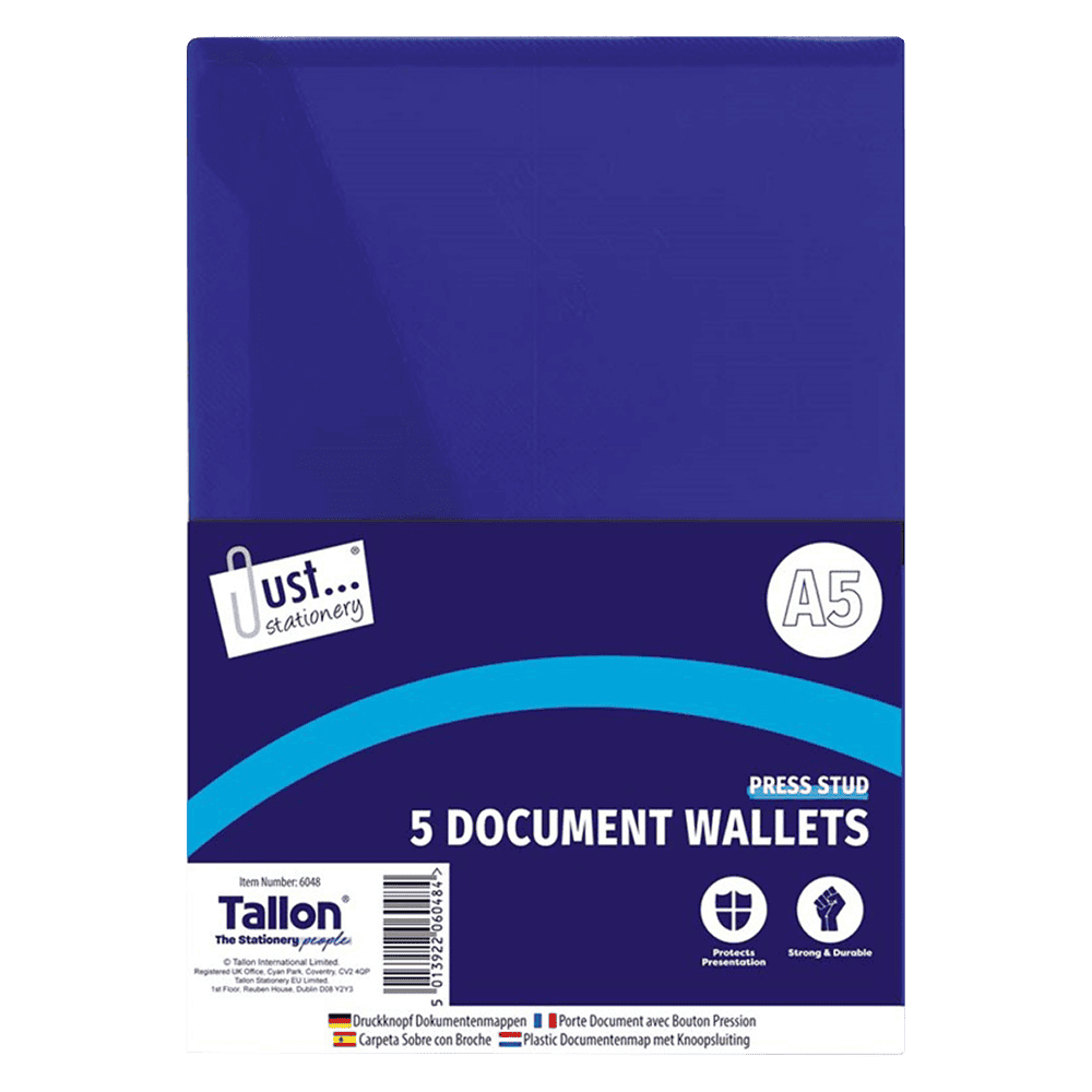 Just Stationery A5 Poly File Wallets Stud 5 Pack from Harrisons Direct