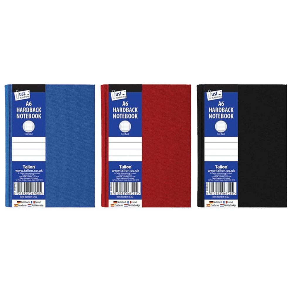 Just Stationery A6 hardback Notebook Red, Blue, Black from Harrisons Direct