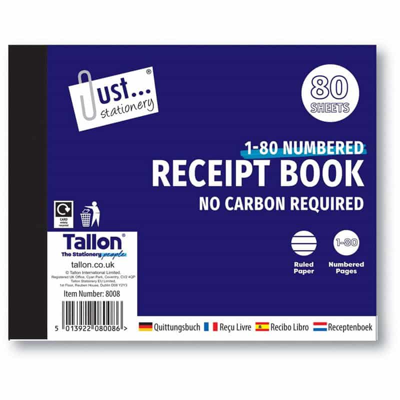 Just Stationery Receipt Book No Carbon Required 1-80 Numbered Pages from Harrisons Direct