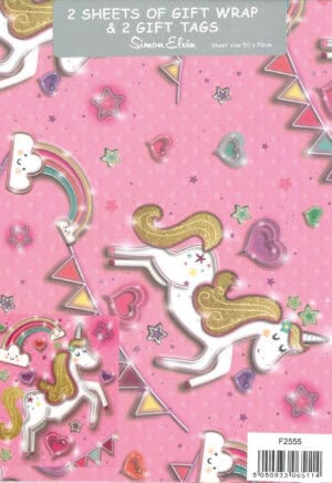 Packed Wrap 2 Sheets & 2 Tags Unicorns & Hearts from Harrisons Direct