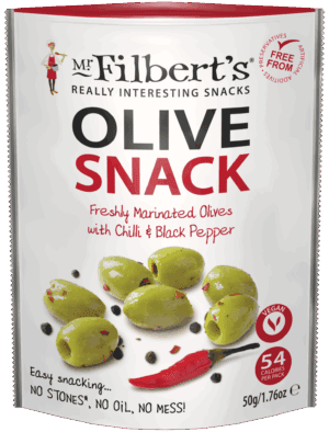 Wholesale Mr Filbert's Green Olives with Chilli & Black Pepper 50g from Harrisons Direct