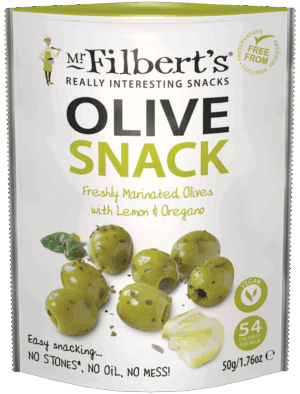 Wholesale Mr Filbert's Green Olives with Lemon & Oregano 50g from Harrisons Direct