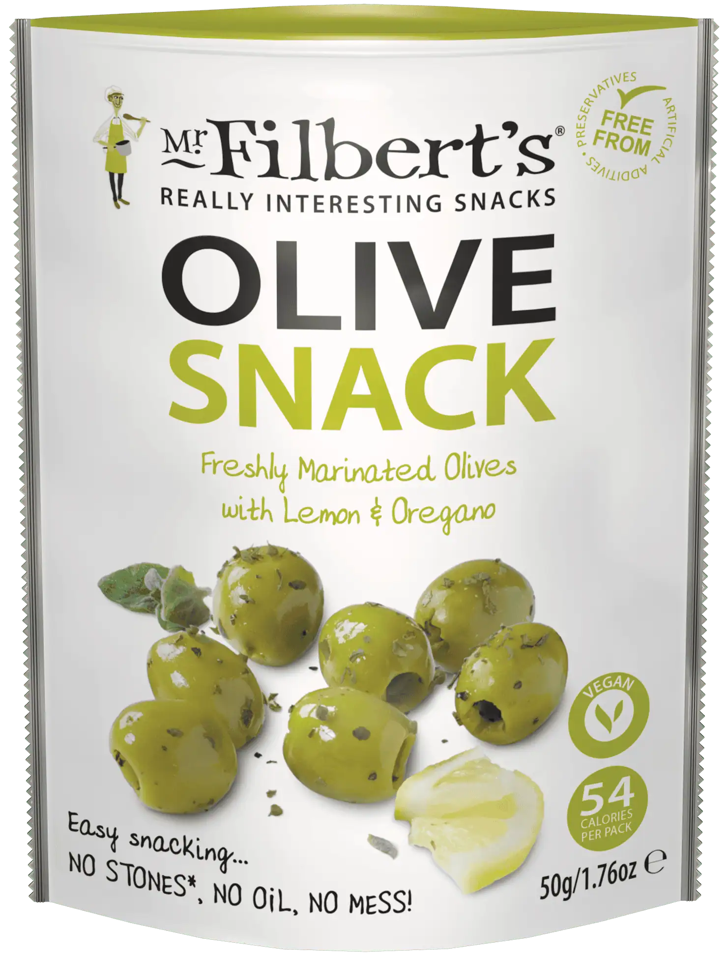 Wholesale Mr Filbert's Green Olives with Lemon & Oregano 50g from Harrisons Direct