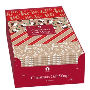 Wholesale Christmas Gift Wrap 8 Kraft Sheets from Harrisons Direct
