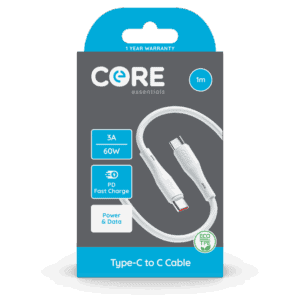 Wholesale Core Essentials Type-C - Type-C Cable 1M White TPE 3A 60W PD Fast Charge from Harrisons Direct