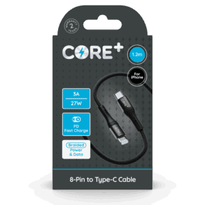 Wholesale Core+ 8-Pin - Type-C Braided Cable 1.2M Grey 3A 27W PD Fast Charge from Harrisons Direct