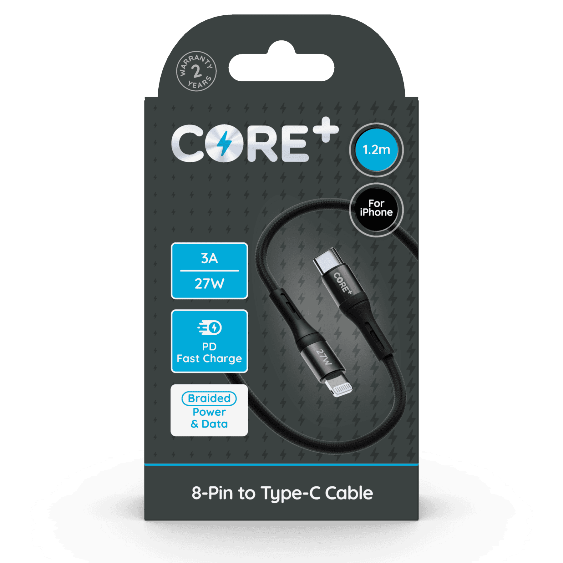 Wholesale Core+ 8-Pin - Type-C Braided Cable 1.2M Grey 3A 27W PD Fast Charge from Harrisons Direct