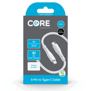 Wholesale Core Essentials 8-Pin - Type-C Cable 2M White TPE 3A 27W PD Fast Charge from Harrisons Direct