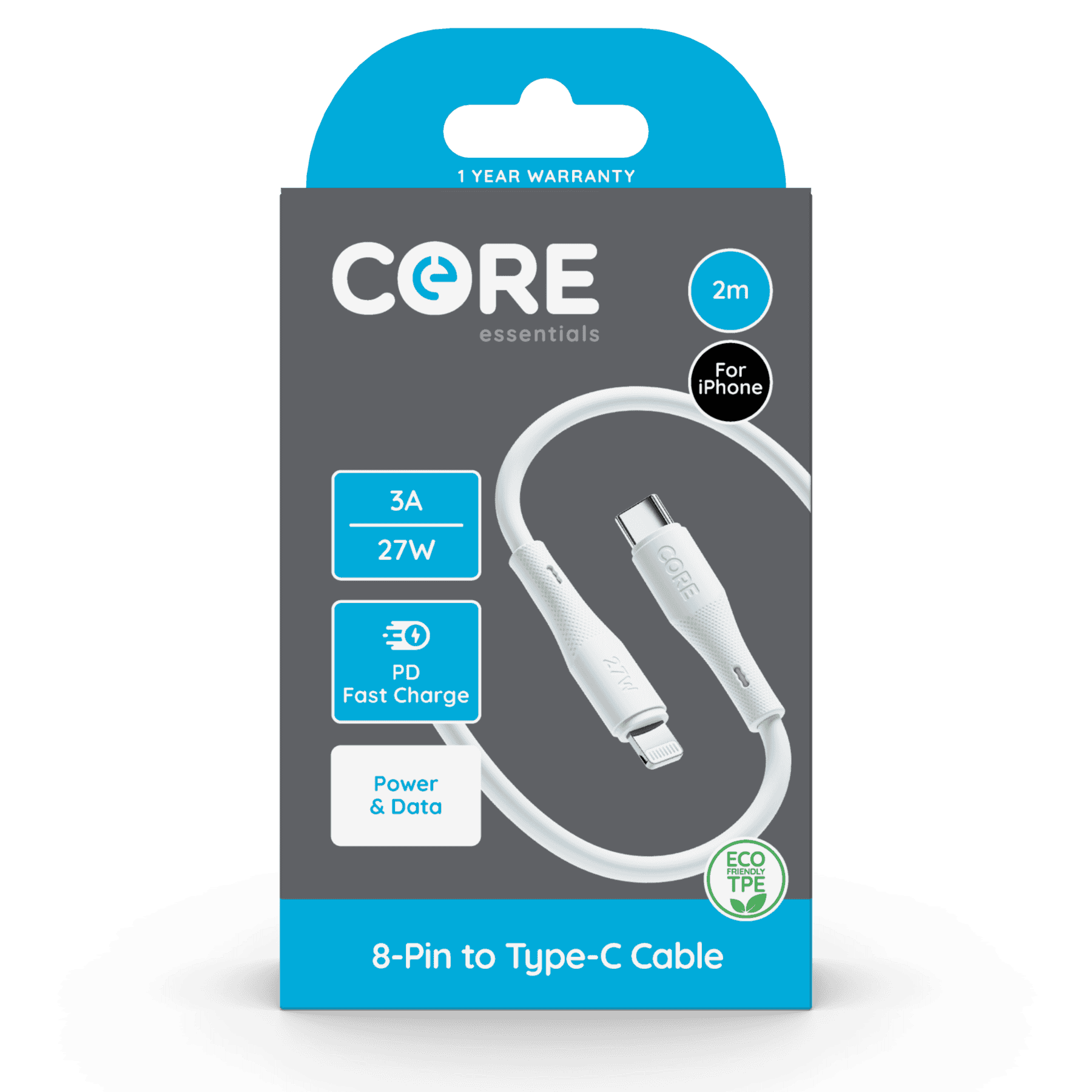 Wholesale Core Essentials 8-Pin - Type-C Cable 2M White TPE 3A 27W PD Fast Charge from Harrisons Direct
