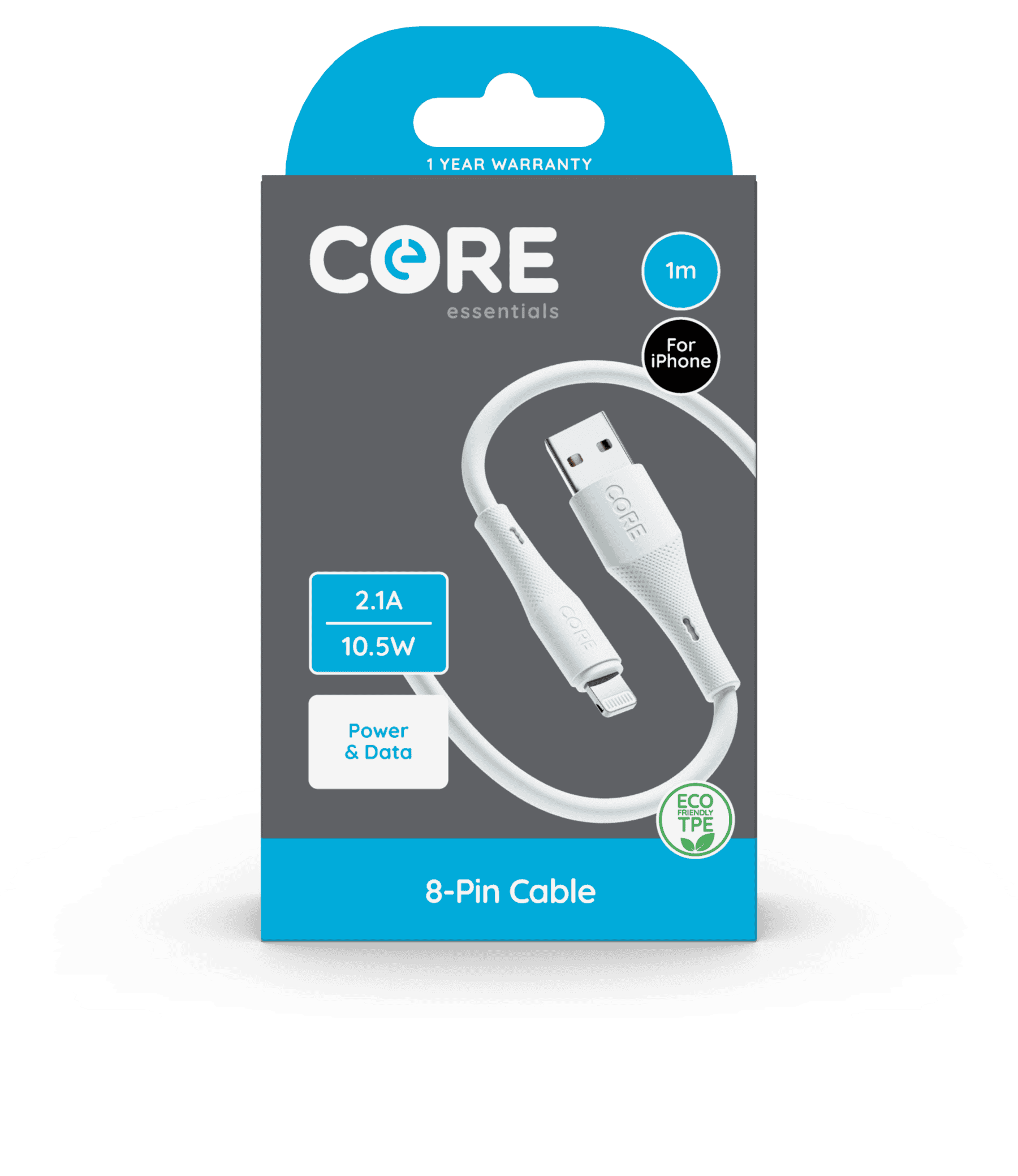 Wholesale Core Essentials 8-Pin USB Cable 1m White Fast Charge - for iPhone & iPad from Harrisons Direct