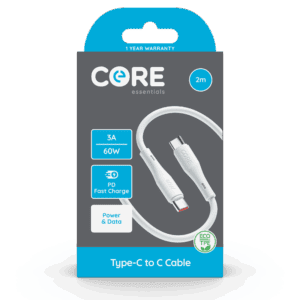 Wholesale Core Essentials Type-C - Type-C Cable 2M White TPE 3A 60W PD Fast Charge from Harrisons Direct