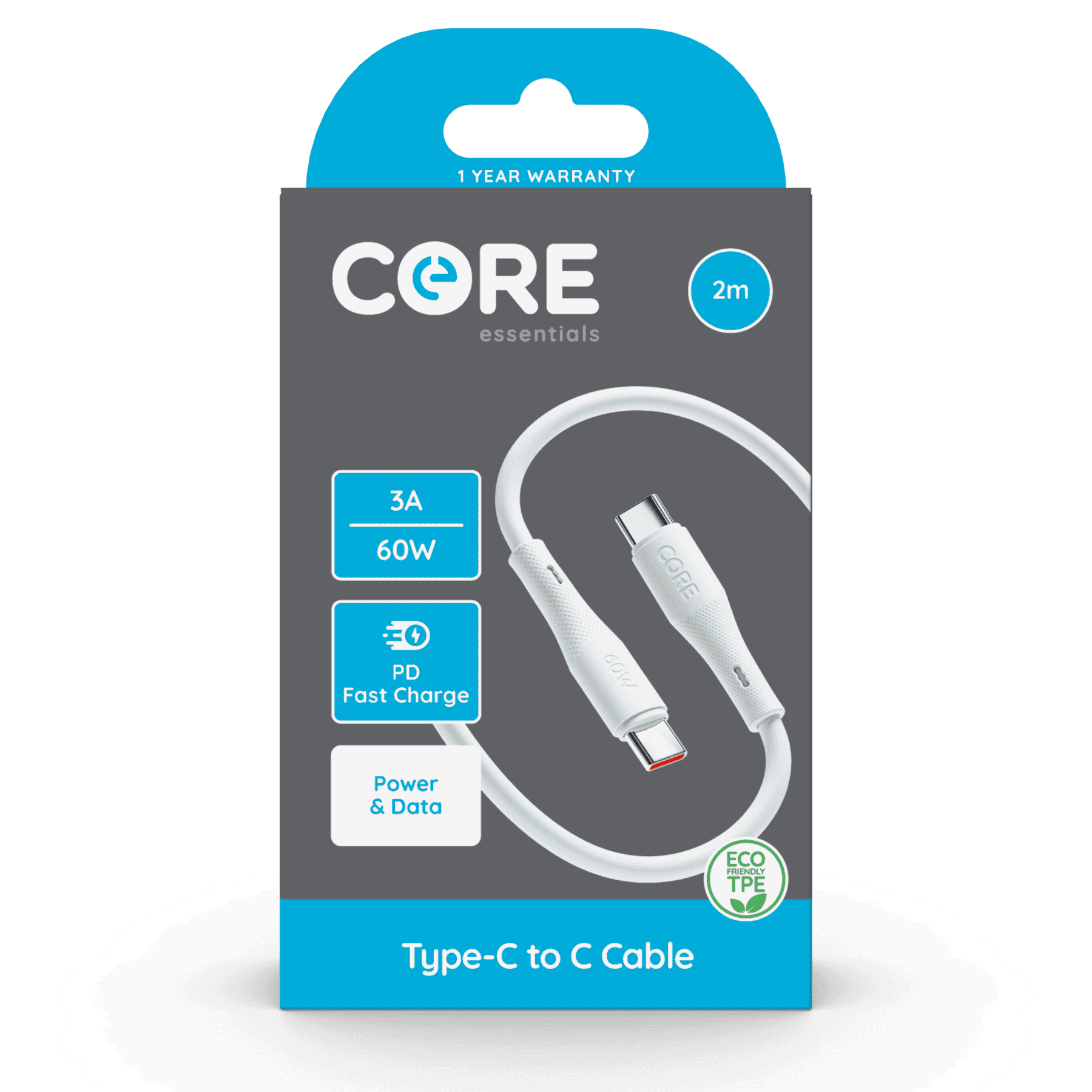 Wholesale Core Essentials Type-C - Type-C Cable 2M White TPE 3A 60W PD Fast Charge from Harrisons Direct