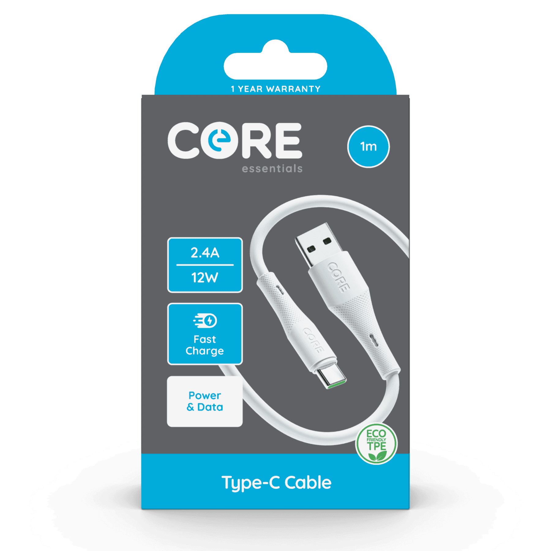 Wholesale Core Essentials USB-A - Type-C Cable 1M White TPE 2.4A 12W Fast Charge from Harrisons Direct