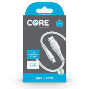 Wholesale Core Essentials USB-A - Type-C Cable 2M White TPE 2.1A 10.5W Fast Charge from Harrisons Direct
