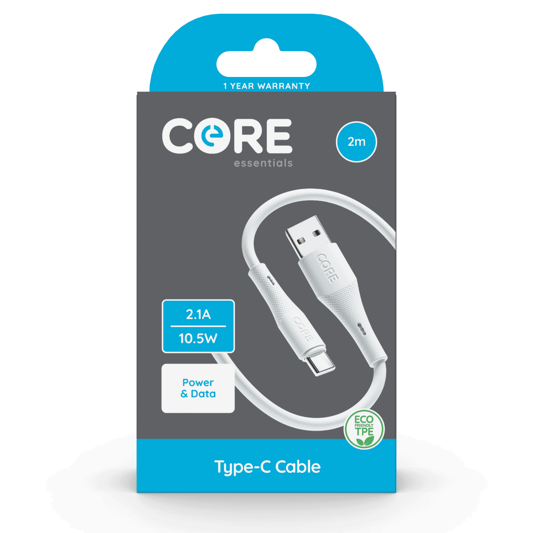 Wholesale Core Essentials USB-A - Type-C Cable 2M White TPE 2.1A 10.5W Fast Charge from Harrisons Direct