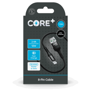 Wholesale Core+ USB - 8-Pin Braided Cable for iPhone Grey 1.2m 2.4A 12W Fast Charge from Harrisons Direct