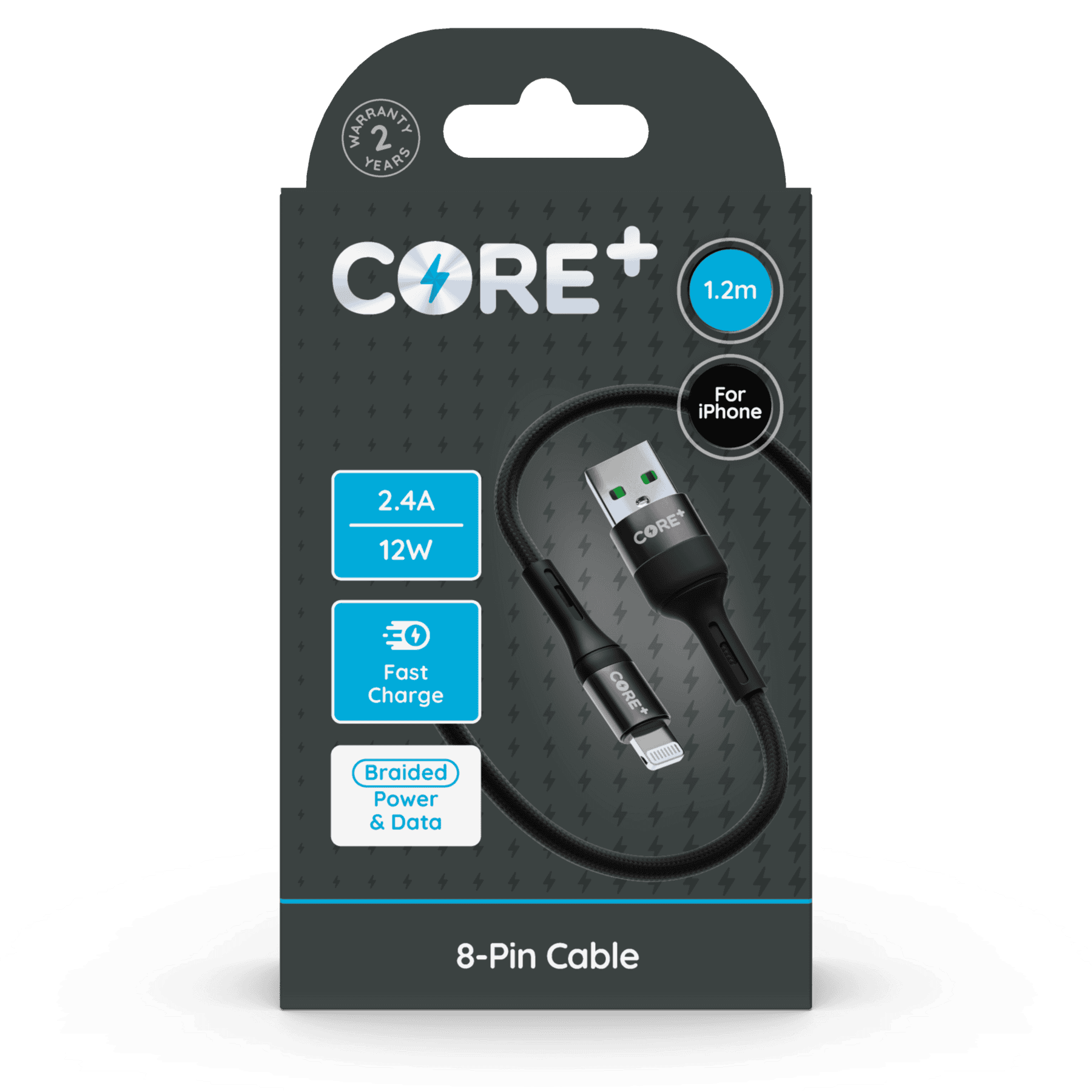Wholesale Core+ USB - 8-Pin Braided Cable for iPhone Grey 1.2m 2.4A 12W Fast Charge from Harrisons Direct