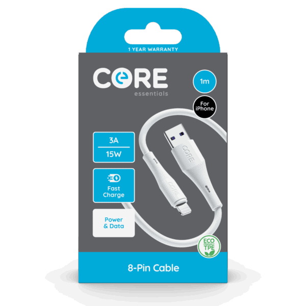 Core+ USB - 8-Pin Cable for iPhone White 1m 3A/15 Fast Charge ...
