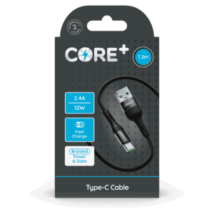Wholesale Core+ USB - Type-C Braided Cable Grey 1.2m 2.4A 12W Fast Charge from Harrisons Direct
