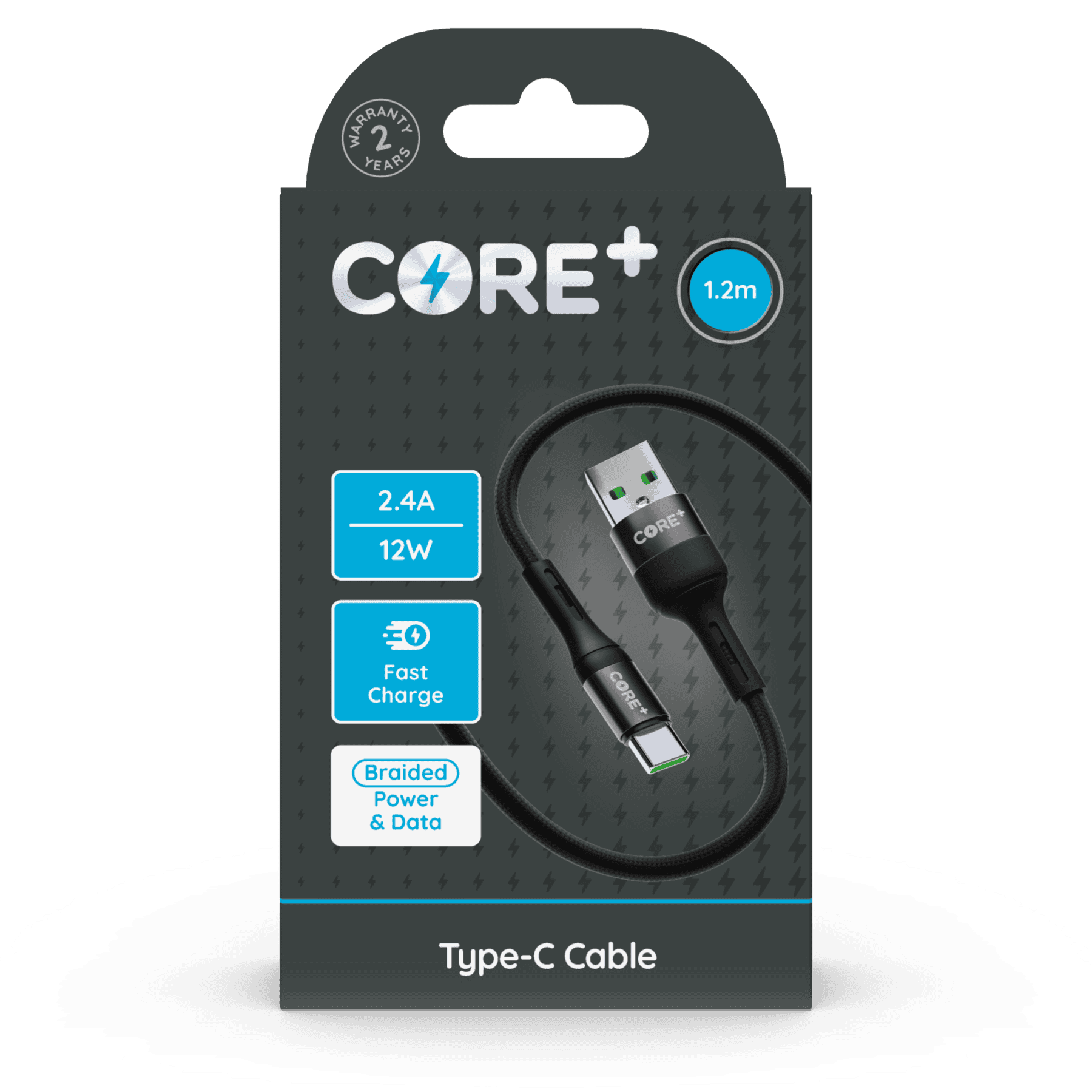 Wholesale Core+ USB - Type-C Braided Cable Grey 1.2m 2.4A 12W Fast Charge from Harrisons Direct
