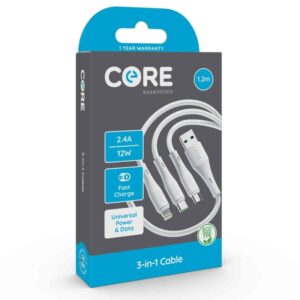 Wholesale Core Essentials 3 in 1 Cable 1.2M 2.4Amp - 8-Pin for iPhone & iPad - Micro USB - USB-C from Harrisons Direct