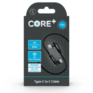 Wholesale Core+ Type-C - Type-C 90 Degree Braided Cable 1.2M Black 3A 60W PD Fast Charge from Harrisons Direct