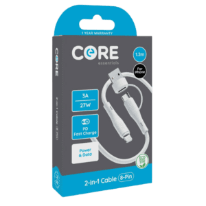 Core 2-in-1 8-Pin to Type-C:A Cable 1.2m TPE White 3A 27W PD from Harrisons Direct