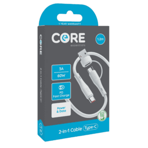Core 2-in-1 Type-C to C:A Cable 1.2m TPE White 3A 60W PD from Harrisons Direct