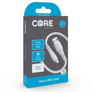 Core Essentials Micro - USB-A Cable 1M White TPE 2.4A Fast Charge from Harrisons Direct