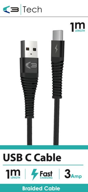 C3 Tech Braided Cable – Type C Black from Harrisons Direct