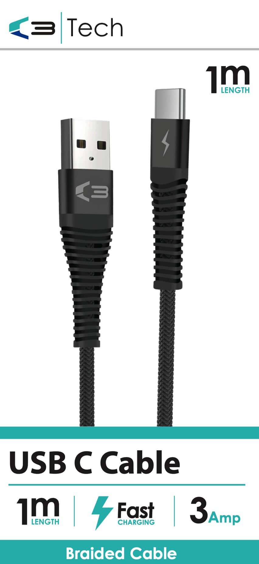 C3 Tech Braided Cable – Type C Black from Harrisons Direct