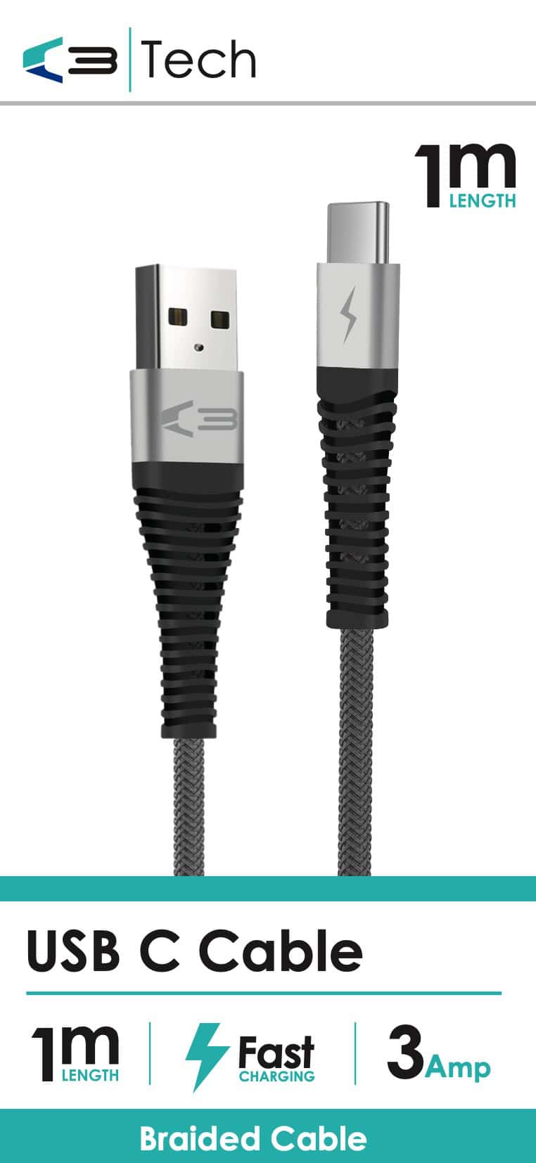 C3 Tech Braided Cable – Type C Grey from Harrisons Direct