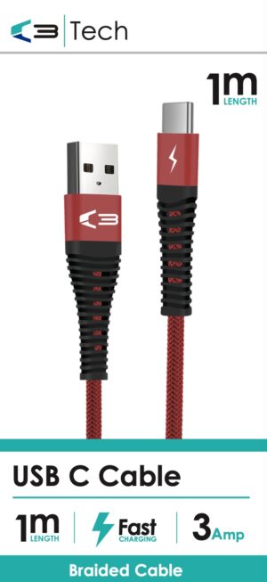 C3 Tech Braided Cable – Type C Red from Harrisons Direct