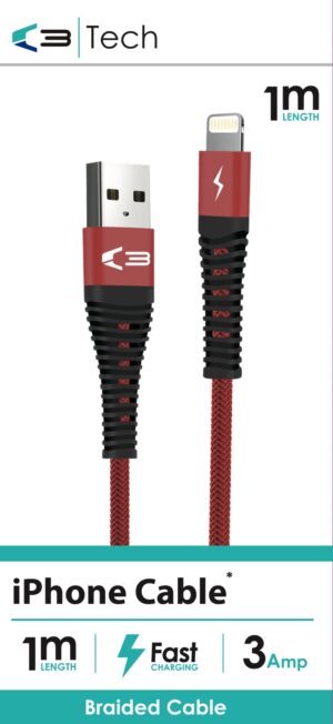 C3 Tech Braided Cable – iPhone – USB Red from Harrisons Direct