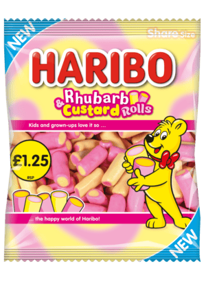 Wholesale Haribo Rhubarb & Custard Rolls 140g £1.25 PMP from Harrisons Direct