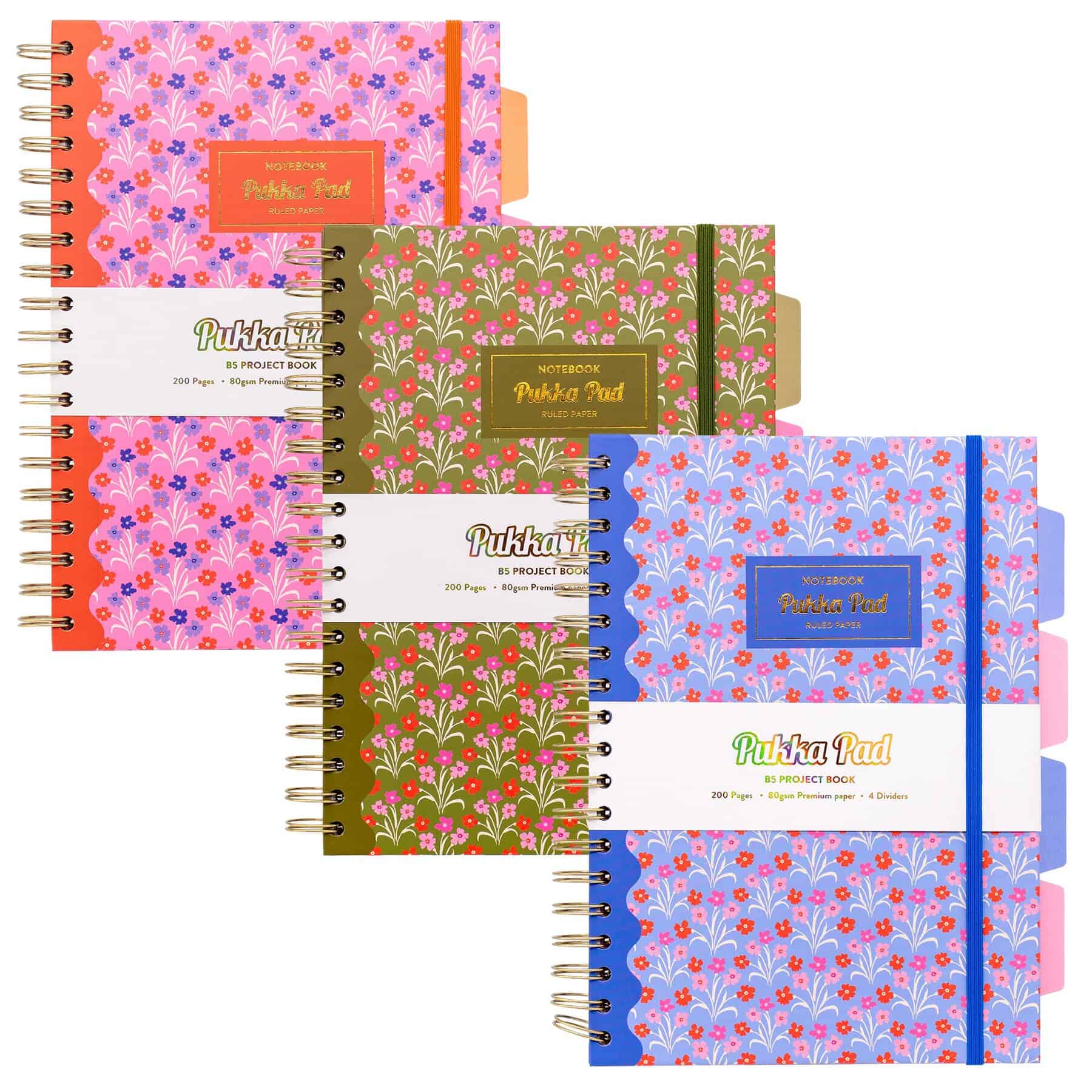 Wholesale Pukka Floral B5 Project Book 3 Assorted Colours from Harrisons Direct