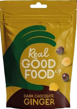Wholesale Real Good Food Dark Chocolate Ginger Pouch 150g from Harrisons Direct